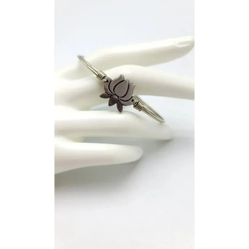Luca + Danni Bangle Bracelet Lotus Flower Charm Born In USA Retired Silver Tone